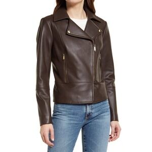 Sam Edelman Asym Moto Leather Jacket Brown‎ Genuine Lamb Leather Size M